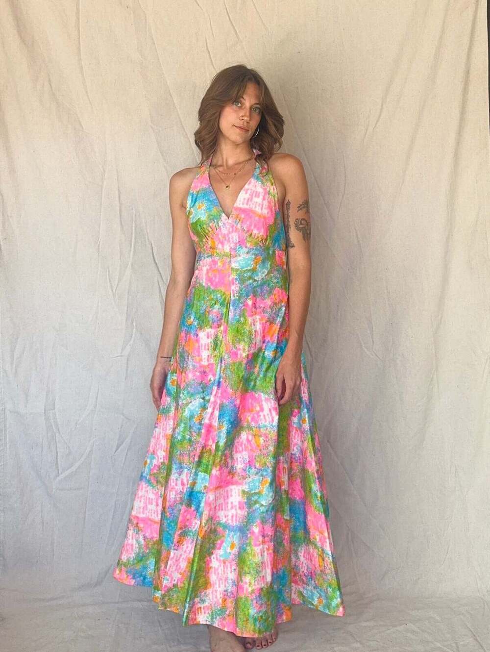 60s Handmade Dayglo Halter Maxi Dress